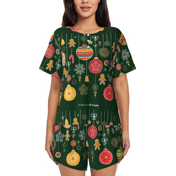 Balery Christmas Conjunto de Pijama para Mujer con Estampado, Dos Piezas de Manga Corta y Shorts, Ropa de Dormir Suave con Cuello Redondo y Bolsillos-Large