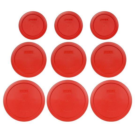 Pyrex (3) 7200-PC 2-Cup, (3) 7201-PC 4-Cup, and (3) 7402-PC 6/7-Cup Poppy Red Lids