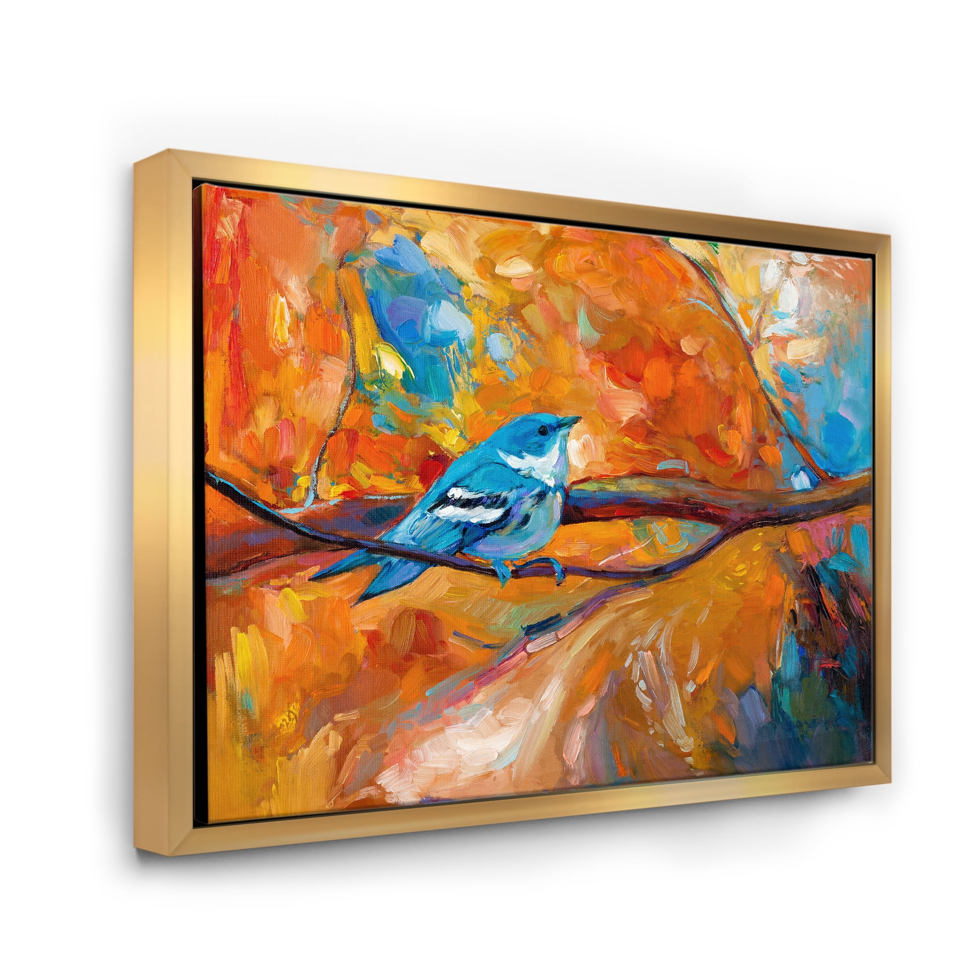 Blue Cerulean Warbler Bird Sitting On A Branch 32 in x 24 in Framed Painting Canvas Art Print, by Designart