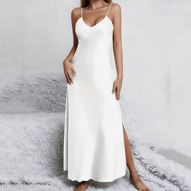 TaTaai Satin Slip Nightie for Women, V-Neck Sleeveless Summer Sleep Dress, Solid Color Slit Loungewear, Casual Pajama Nightgown Gift