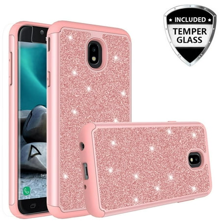 For Tracfone/StraightTalk For Samsung Galaxy J3 Orbit (S367VL) Case w/[Tempered Glass Screen Protector] Glitter Sparkle Shiny Bling Shock Proof Dual Layer Case Cover - Rose Gold