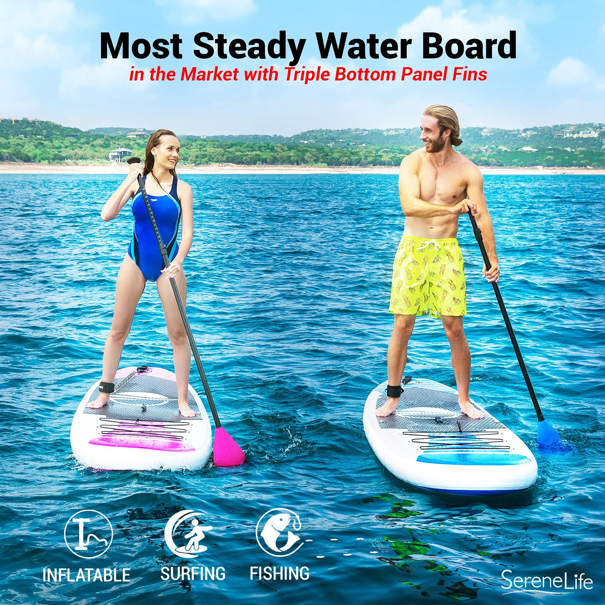 SereneLife 105 Inflatable Stand Up Paddle Board and Detachable Seat  Free Flow SUP Paddleboard Set for Adults, Non-Slip EVA Deck Pad, Marine-Grade Build, 30" Wide Design, 285+ lbs. Capacity