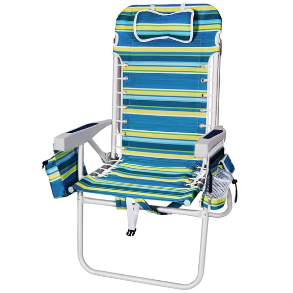 SUNSPIRE Backpack Beach Chairs for Adults Lightweight Aluminum 17in 5-Position Adjustable Reclining Folding with Cup Holder, Outdoor Blue Stripes