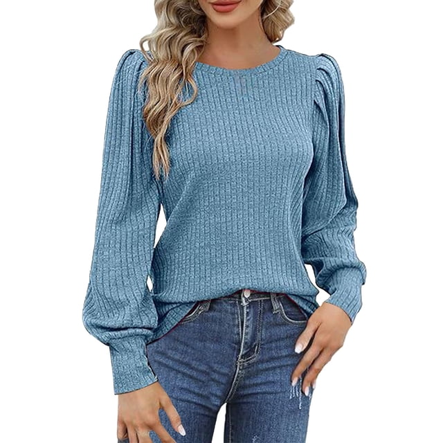 Prolriy Hauts d'Été pour Femmes 2025 T-Shirt Décontracté à Manches Longues Col Rond Tricoté Ample Bleu m