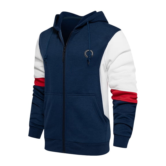 PMVFHDE Men's Autumn Winter Color Block Zip Up Hooded Jacket Casual Long Sleeve Loose Top Polyester Blouse Mens Hoodies Pullover Blue，XL