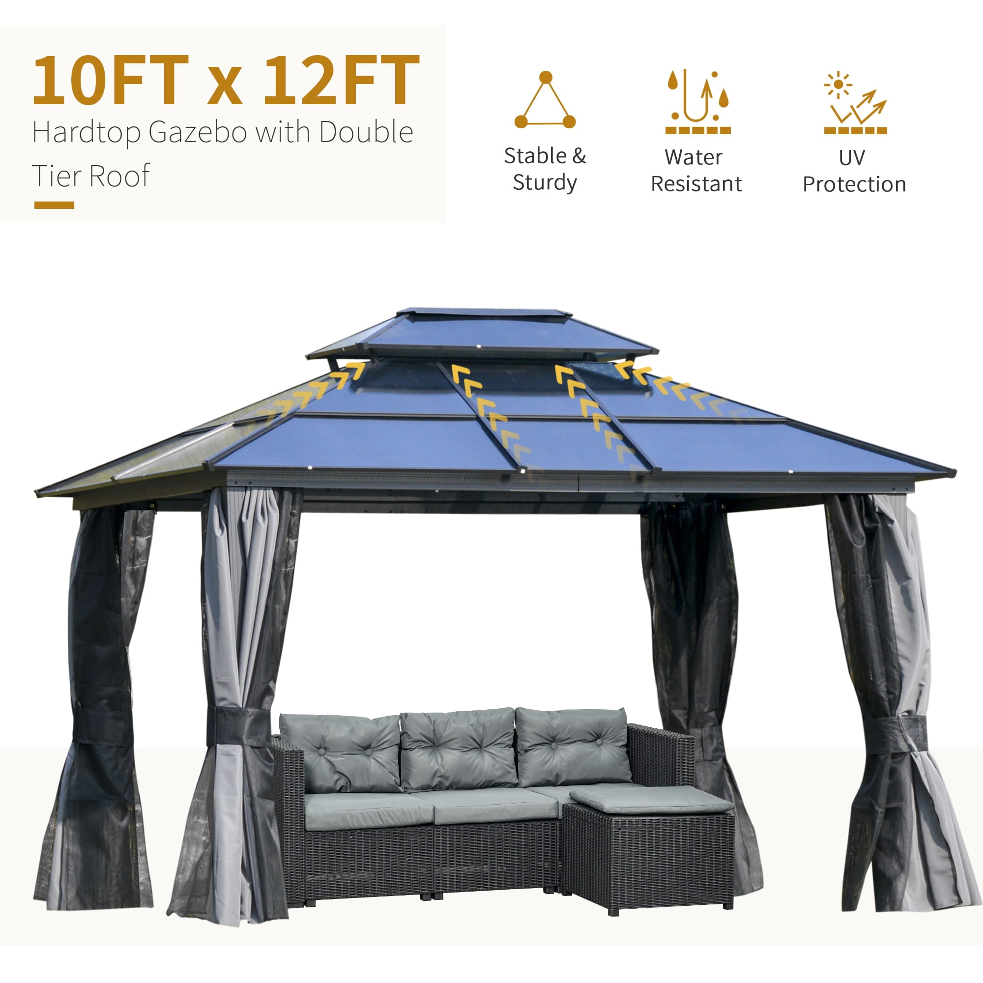 Outsunny 10' x 12' Hardtop Gazebo Canopy with Polycarbonate Roof, Aluminum Frame, Permanent Pavilion Outdoor Gazebo with Netting, for Patio, Garden, Backyard, Deck, Lawn, Light Gray