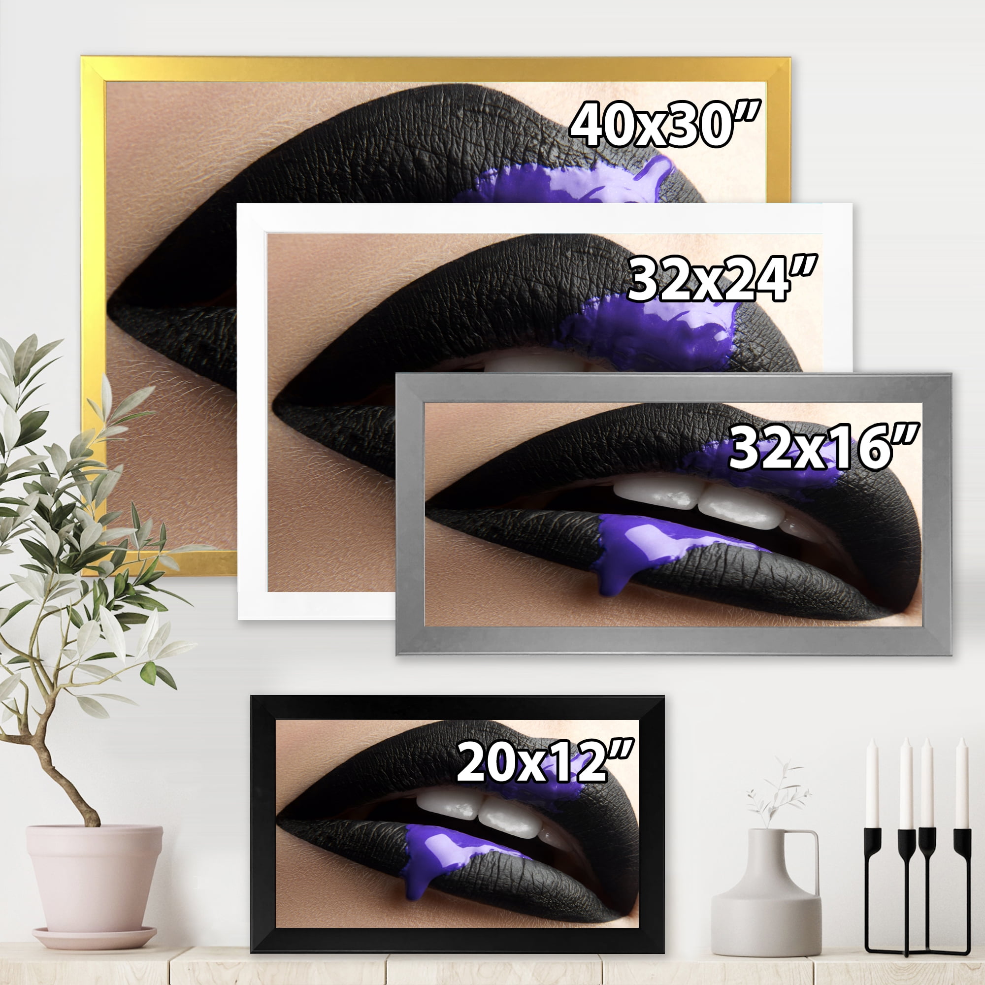 Designart 'Woman Lips With Black Lipstick & Purple Paint' Modern Framed Art Print