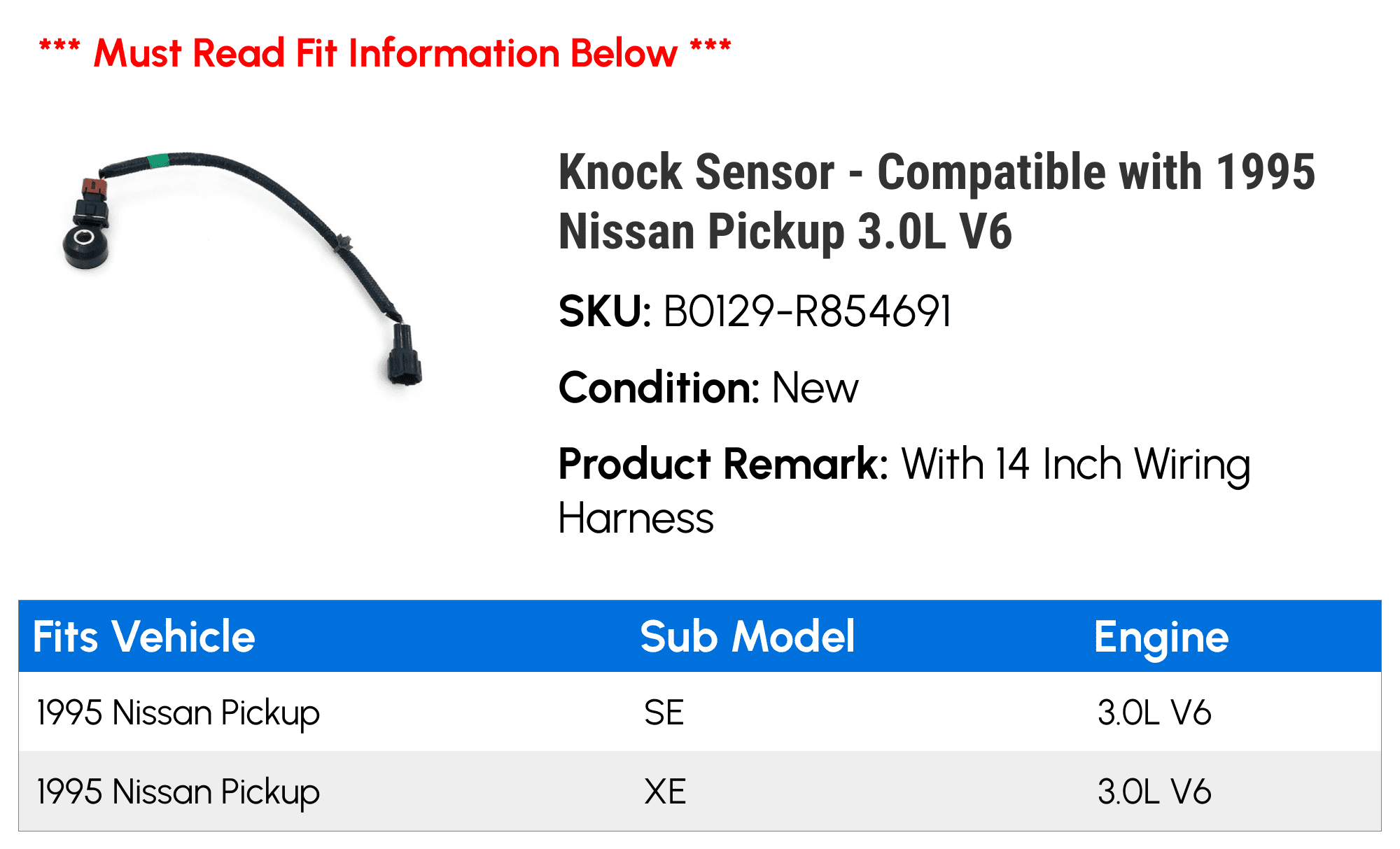 Knock Sensor - Compatible with 1995 Nissan Pickup 3.0L V6