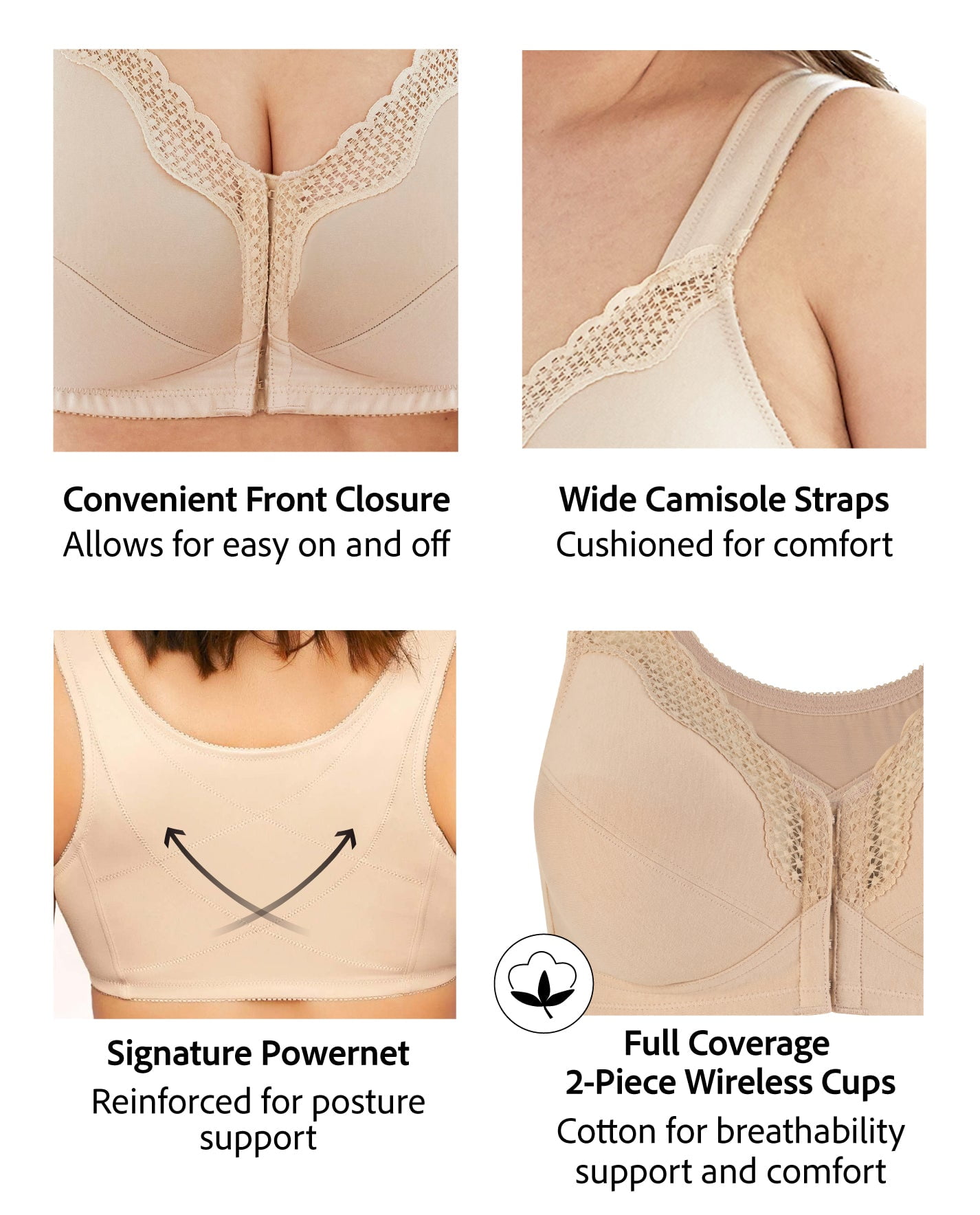 Exquisite Form 5100531 Fully® Wireless Cotton Back & Posture Support Bra with Front Closure & Lace