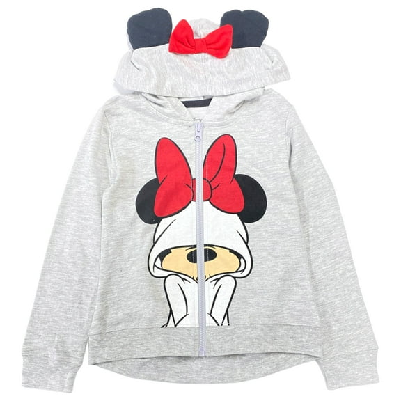 Disney Girls Minnie Mouse Gray Red White Hoodie Zip Up Sweatshirt 6