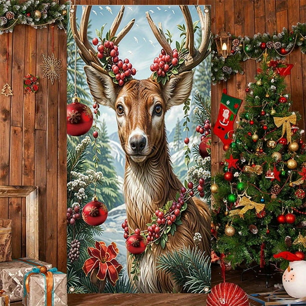 Linnome Santa Claus Pattern Christmas Door Cover 35x71 Inches, Festive Holiday Door Decoration for Home and Parties