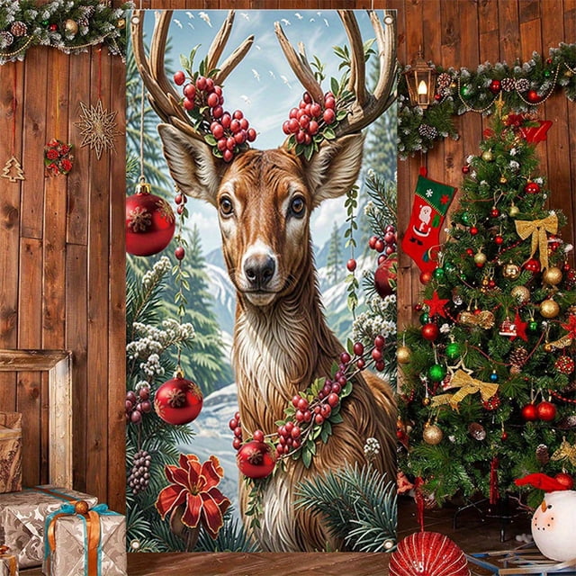 Linnome Santa Claus Pattern Christmas Door Cover 35x71 Inches, Festive Holiday Door Decoration for Home and Parties