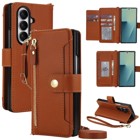 ELEHOLD For Samsung Galaxy Z Fold 7 Wallet Case,Shockprooof Leather Zipper Card Slots RFID Leather Cover With Crossbody Strap and Lanyard, Brown