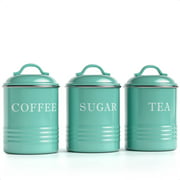 Barnyard Designs Airtight Kitchen Canister Decorations with Lids, Turquoise Metal Rustic Farmhouse Country Decor Containers for Sugar Coffee Tea Storage (Set of 3) (4” x 6.75”)