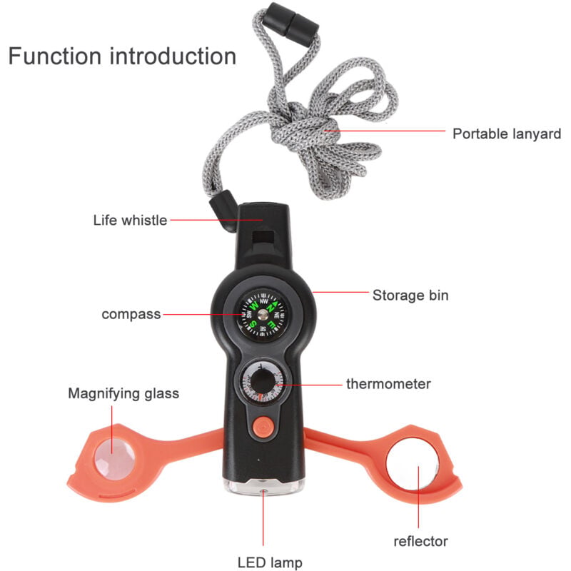 thumbnail image 3 of in 1 Emergency Survival Whistle, LED Thermometer, Compass, Multi-Function Whistle for Hiking, Climbing, Orange, 3 of 5
