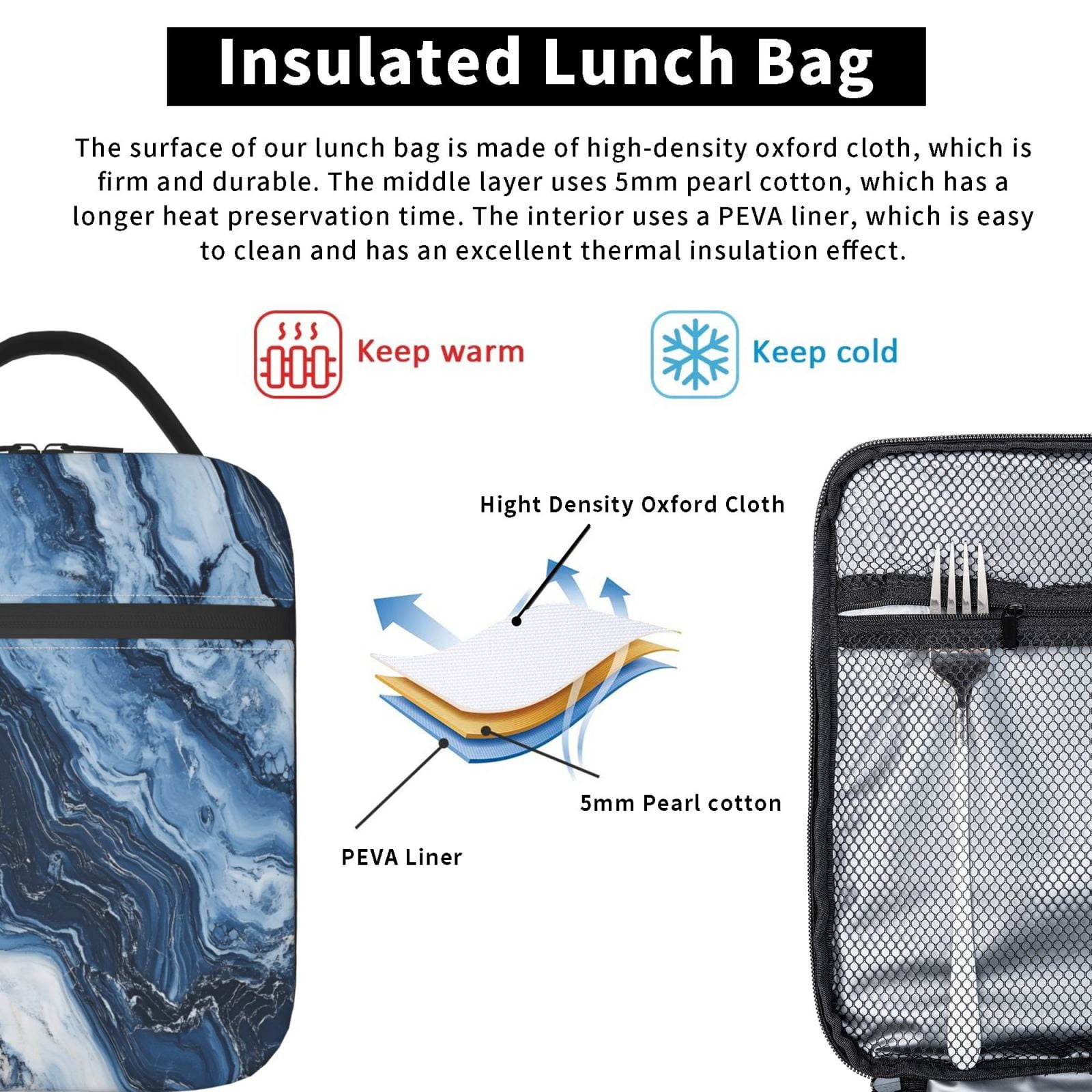 Lunch Bag For Women Men Insulated Portable Lunch Box Bento Box Office Picnic Travel Cooler Bag Slateblue Marble_3