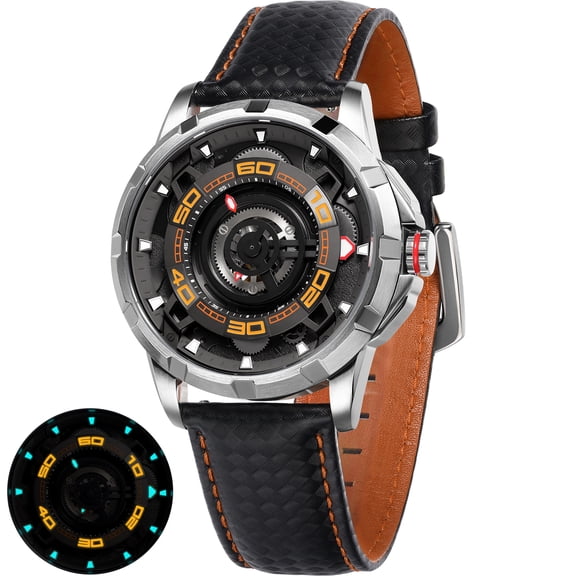 BERNY Mens Skeleton Automatic Watch, Luxury Fashion Self Winding Mechanical Watch with Leather Strap, Exhibition Caseback, Sapphire Crystal, Luminous 50M Waterproof Watches for Mens Gifts (Silver)