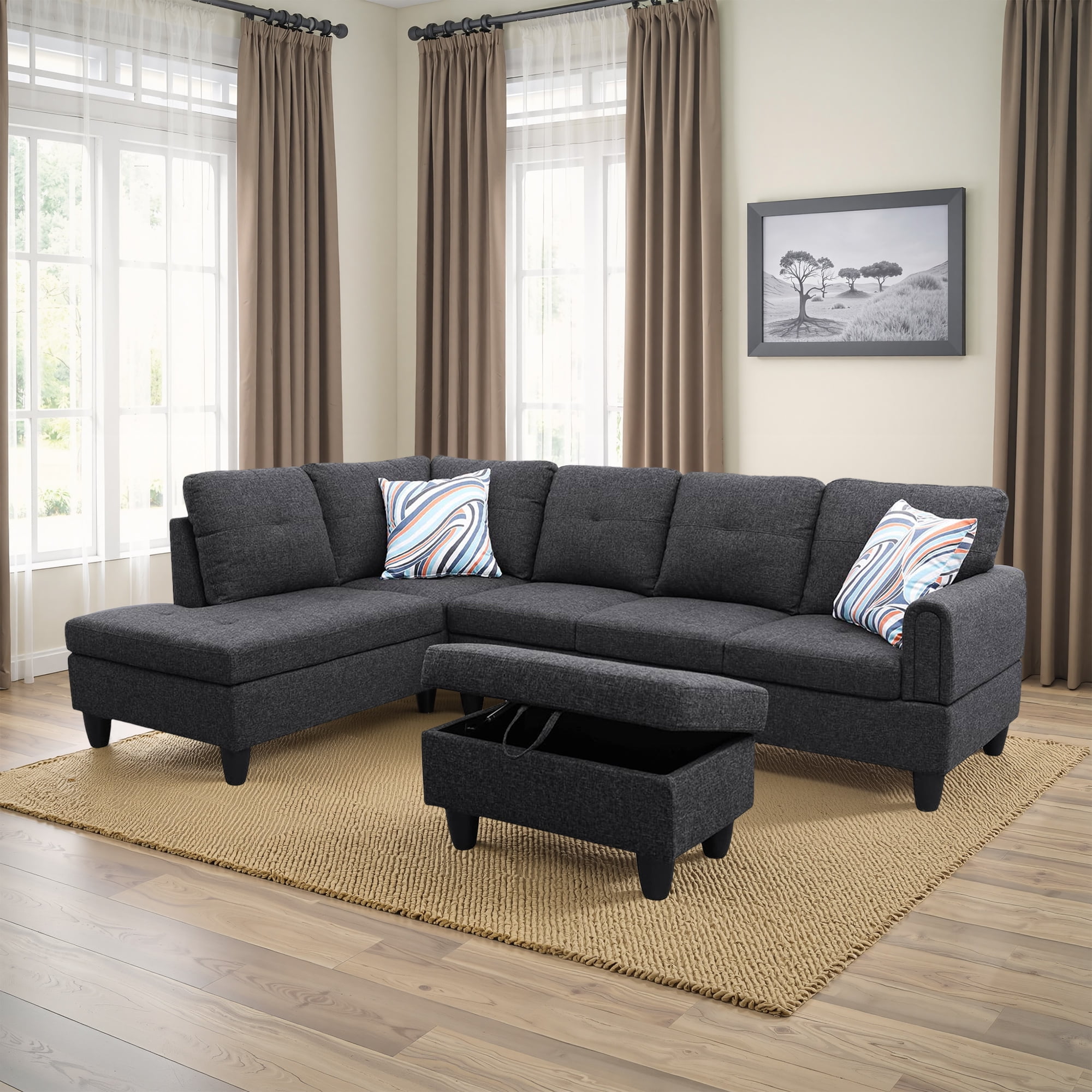 MAYEERTY Black Grey Linen Living Room Sectional Sofa Set