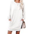 thumbnail image 3 of Women's Casual Dress Long Sleeve Round Neck Solid Color with Pocket Classic Fit Midi Dress for Spring Fall Everyday,White,2XL, 3 of 8
