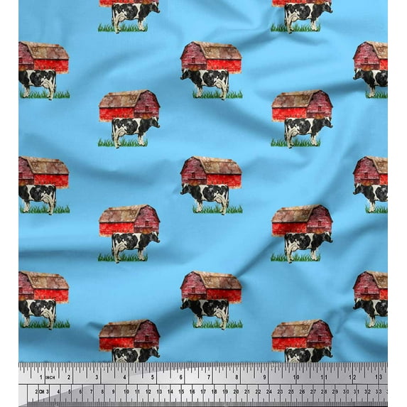 Soimoi Blue Cotton Jersey Fabric Barn & Cow Farm Print Fabric by the Yard 64 Inch Wide