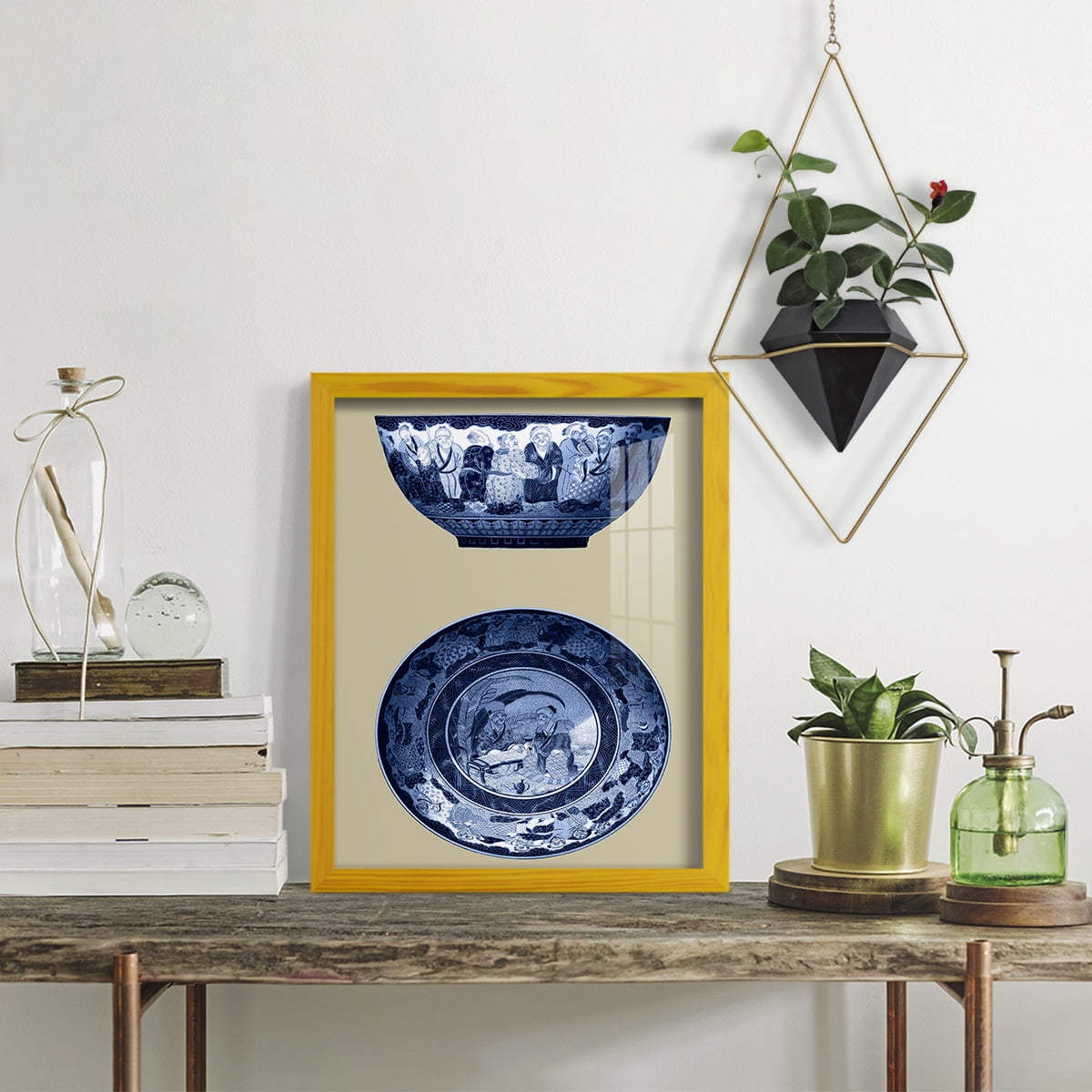 Porcelain in Blue and White II -Framed Print w/glass-Sunflower Yellow