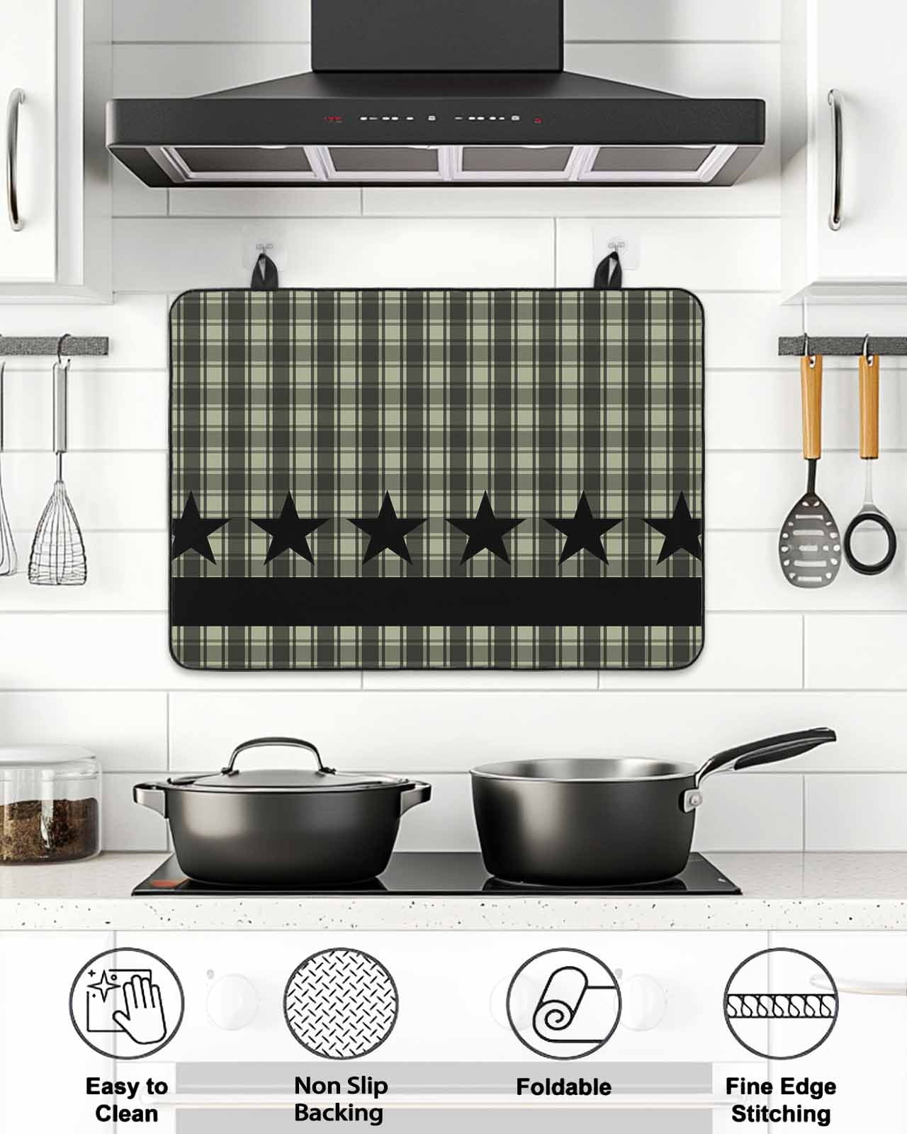 Stove Top Covers for Electric Stove, Sage Green Black Plaid Glass Stovetop Cover Protector, Vintage Star Buffalo Check Rustic Induction Cooktop Protector Oven Mat for Kitchen Countertop 24"x21"