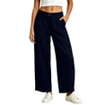 thumbnail image 3 of Plus Size Women's Cotton Linen Wide Leg Pants with Pockets, High Waisted Elastic Waist, Loose Fit Trousers for Summer Casual Commuting, Womens Pants | UKHCCC,Navy 2XL, 3 of 9