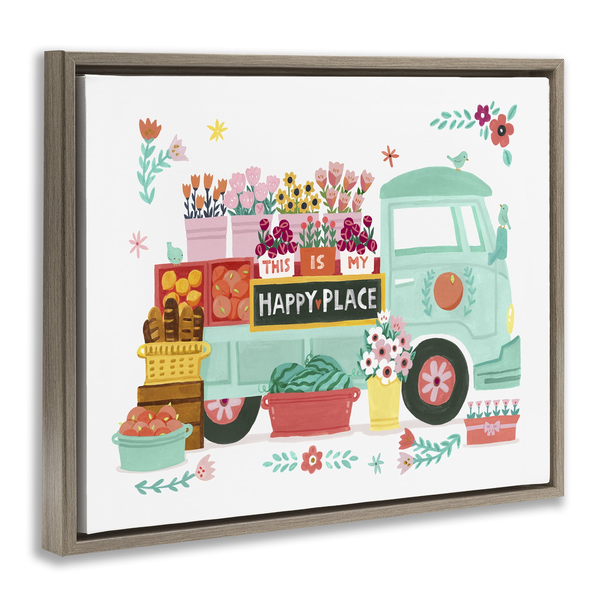 Stupell Industries Happy Place Flower Truck Plants & Flowers Painting Brown Floater Framed Canvas Art Print Wall Art, 31 x 25