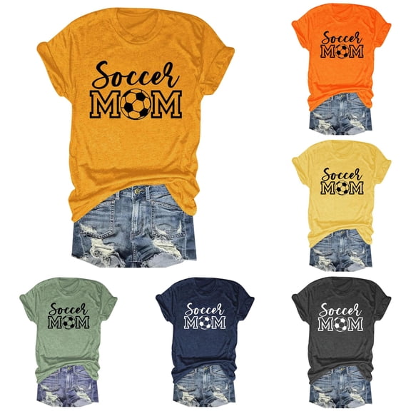 Trendfront Womens Soccer Mom Graphic T Shirts Crewneck Short Sleeve Tee Football Mom Letter Print Casual Sports Fan Tops