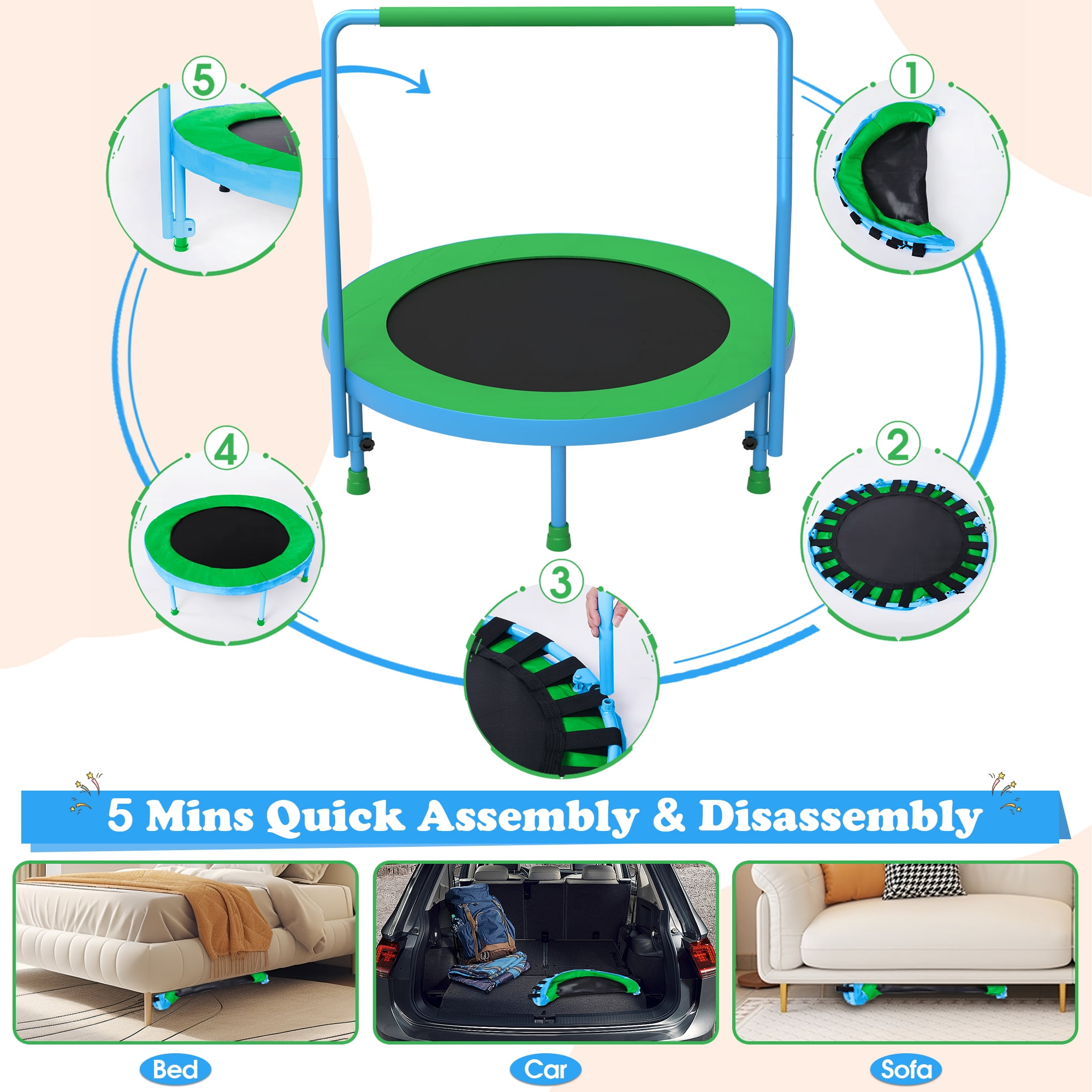 Cochan 36inch Mini Trampoline for Kids, 3FT Small Indoor Trampoline with Handlebar Ages 1-6, Foldable Kids Trampoline for Toddlers, Brithday Gift for Boy and Girl
