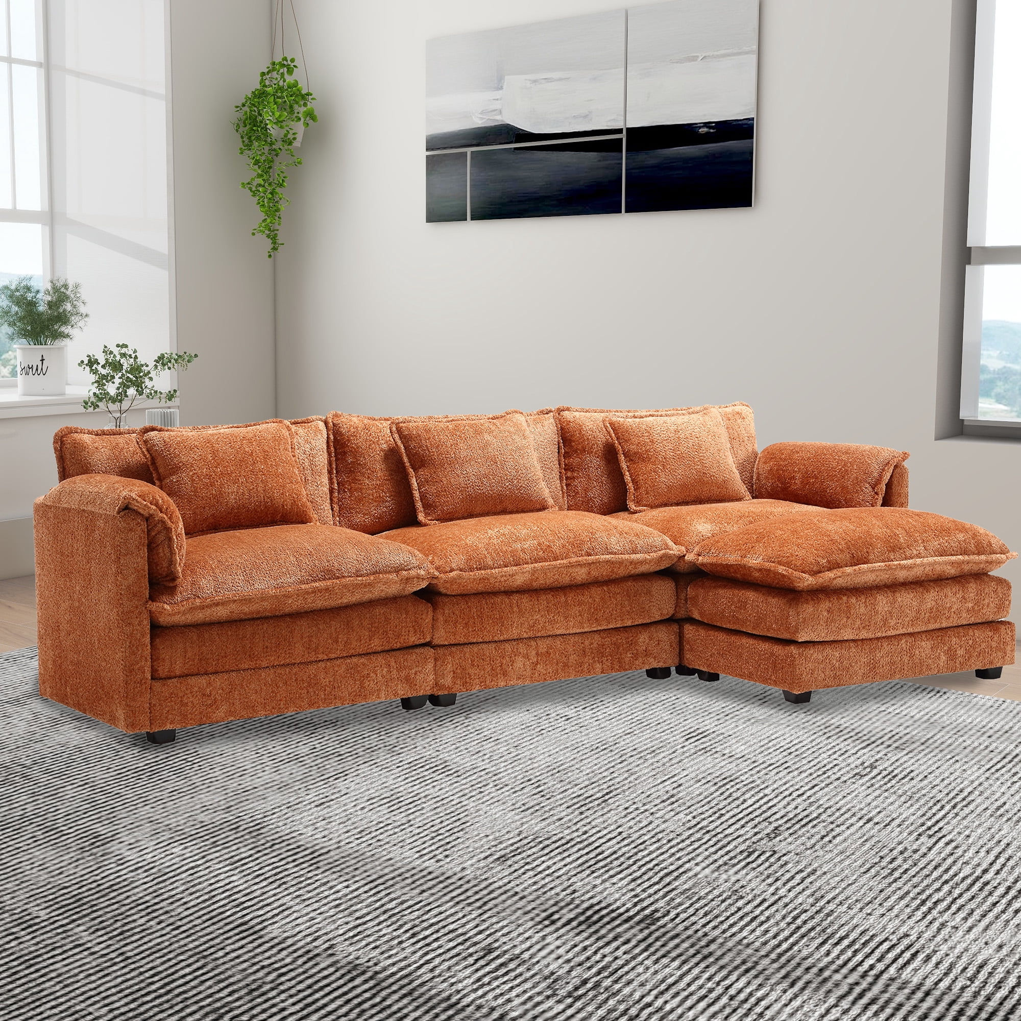 MOONMISS Modern Large Fabric L-Shaped Sofa Chenille Fabric, Movable Pedestal, Removable Armrests, Oversized 9-Seater Sofa