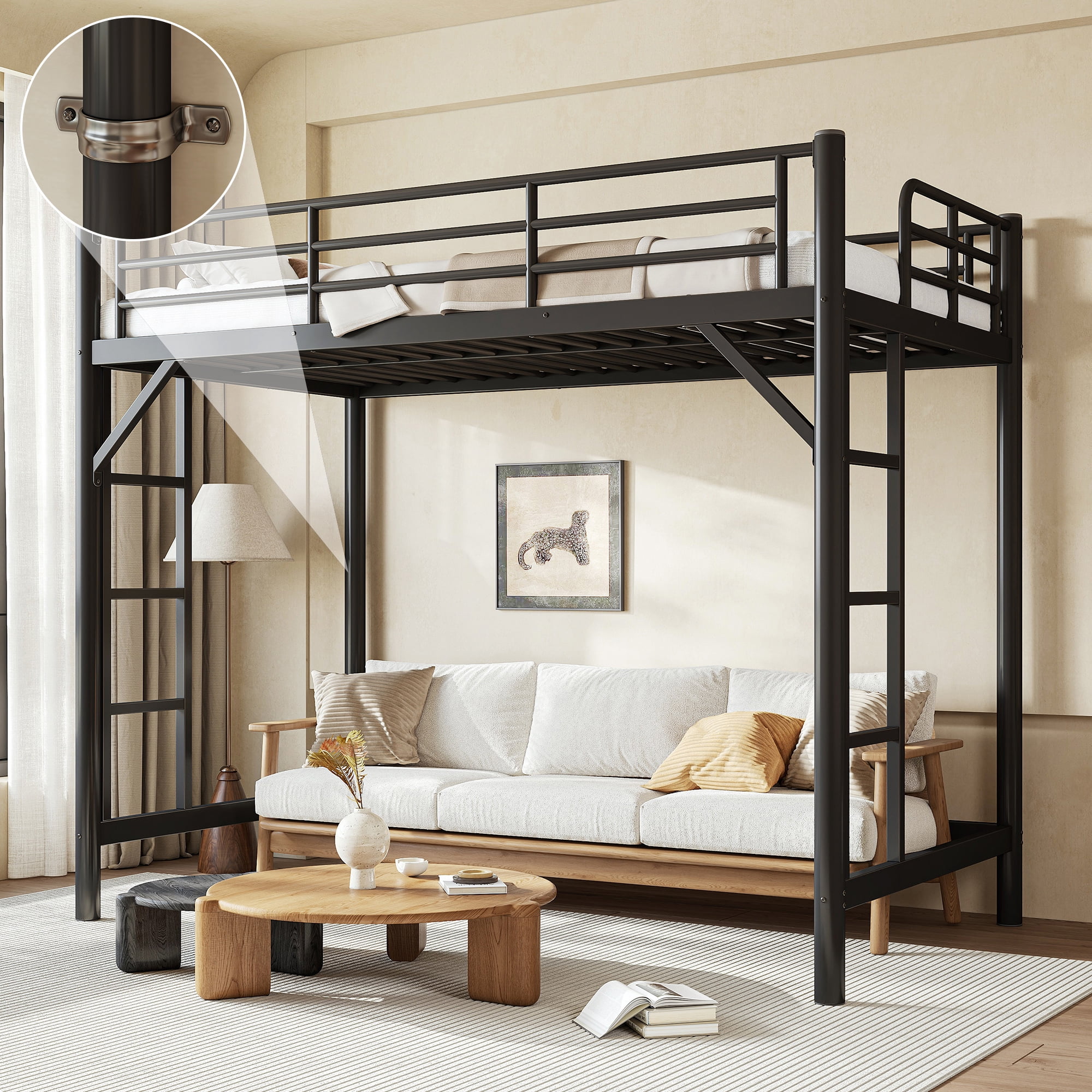 Mintazer Twin XL Metal Loft Bed Frame with Side Ladders & Guardrails for Teens Adults, No Box Spring Needed, Black