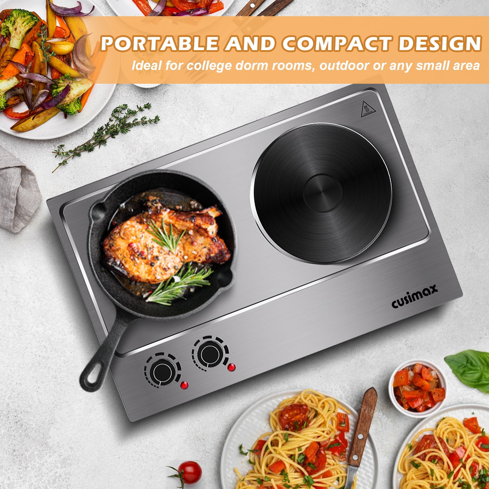 Cusimax 900W+900W Double Hot Plate, Portable Electric Double Burner  Cooktop, Cast Iron Hot Plates for Cooking, Black Stainless Steel Countertop  Burner 