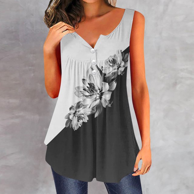 SMihono Camisole pour Femme, blouse d'Été Sans Manches avec Encolure en V, accents de Boutons et Imprimé floral Noir et Blanc. Fabriquée en Tissu Léger et Respirant, Idéale pour les occasions Décontractées, à la Plage Ou pour les Fêtes. Parfaite à Agencer avec des jeans, des Jupes Ou des shorts.