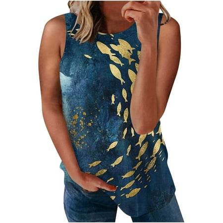 

Women s Sleeveless Summer Casual Tops Round Neck Printing Sleeveless Vest Tops Shapewear Camisole For Women Blue L