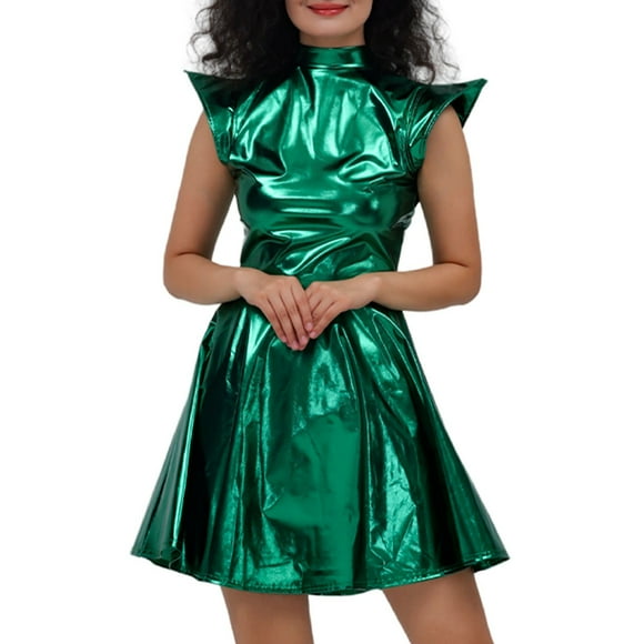 Women'S Sequin Dress Hot Gold Leather Solid Color Pleated Skirt Costume Women'S Club Night Out Dresses L