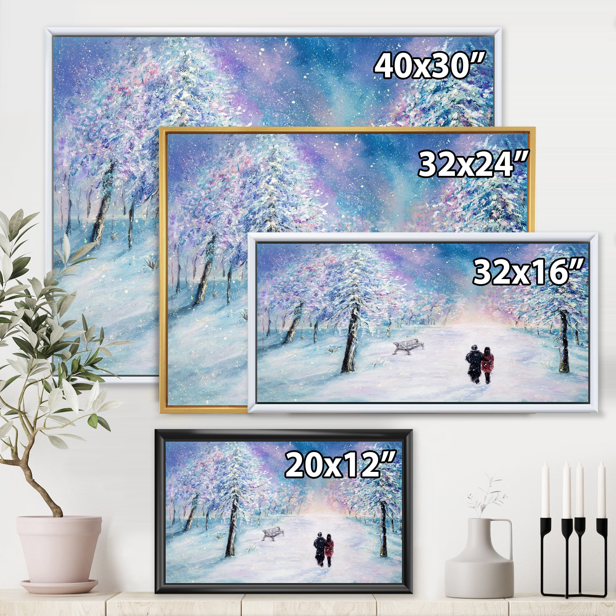 Designart 'Couple In Love Walks During Snowy Winter Times' Traditional Framed Canvas Wall Art Print