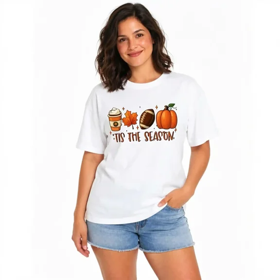 Women's Tis the Season Fall Graphic T-Shirt, Pumpkin Football Coffee Crew Neck Casual Tee