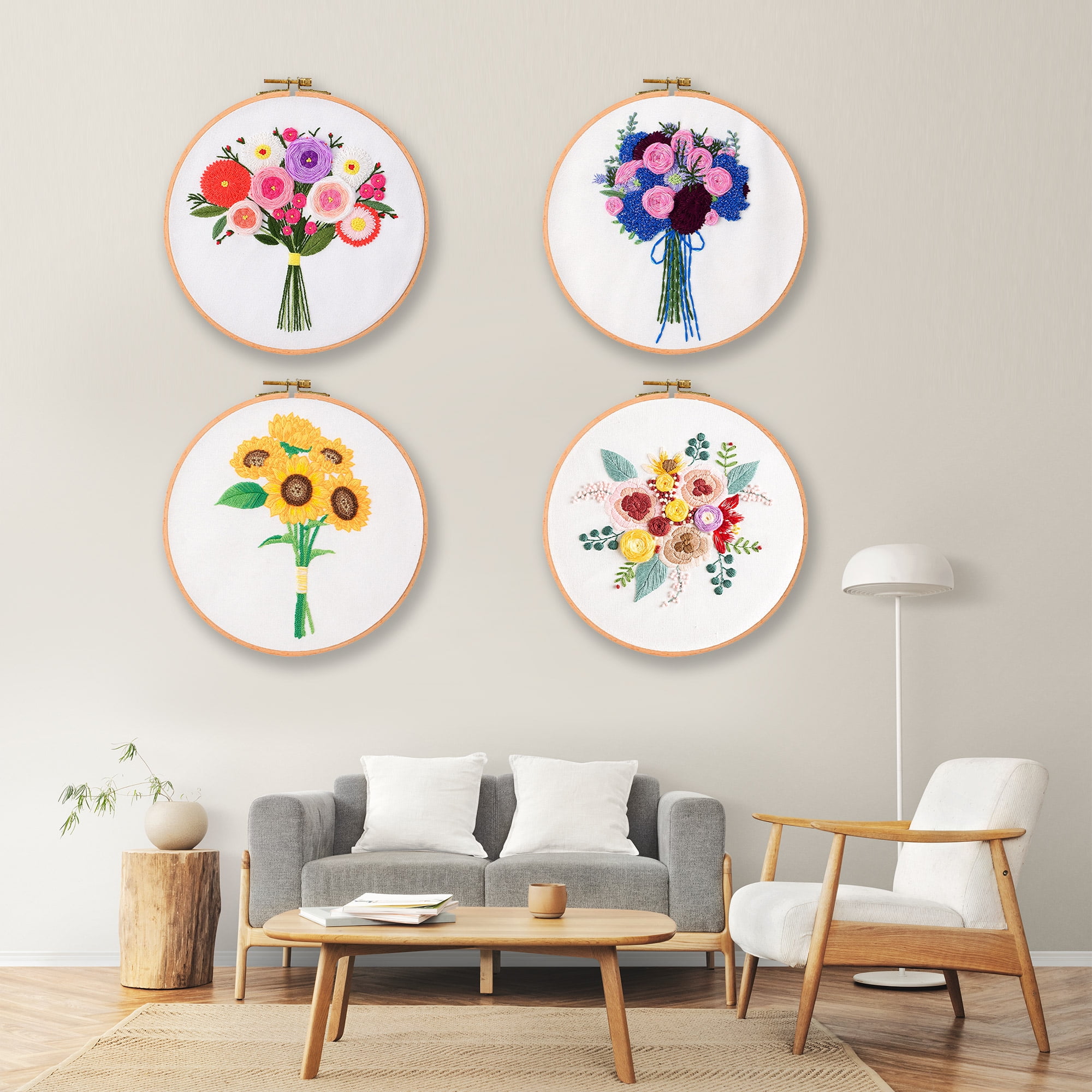 Blingpainting Embroidery Kit for Beginners with Flower Pattern, Cross Stitch kit,4pcs Embroidery Starter Kits Including Embroidery Hoop,Cloth and Color Threads