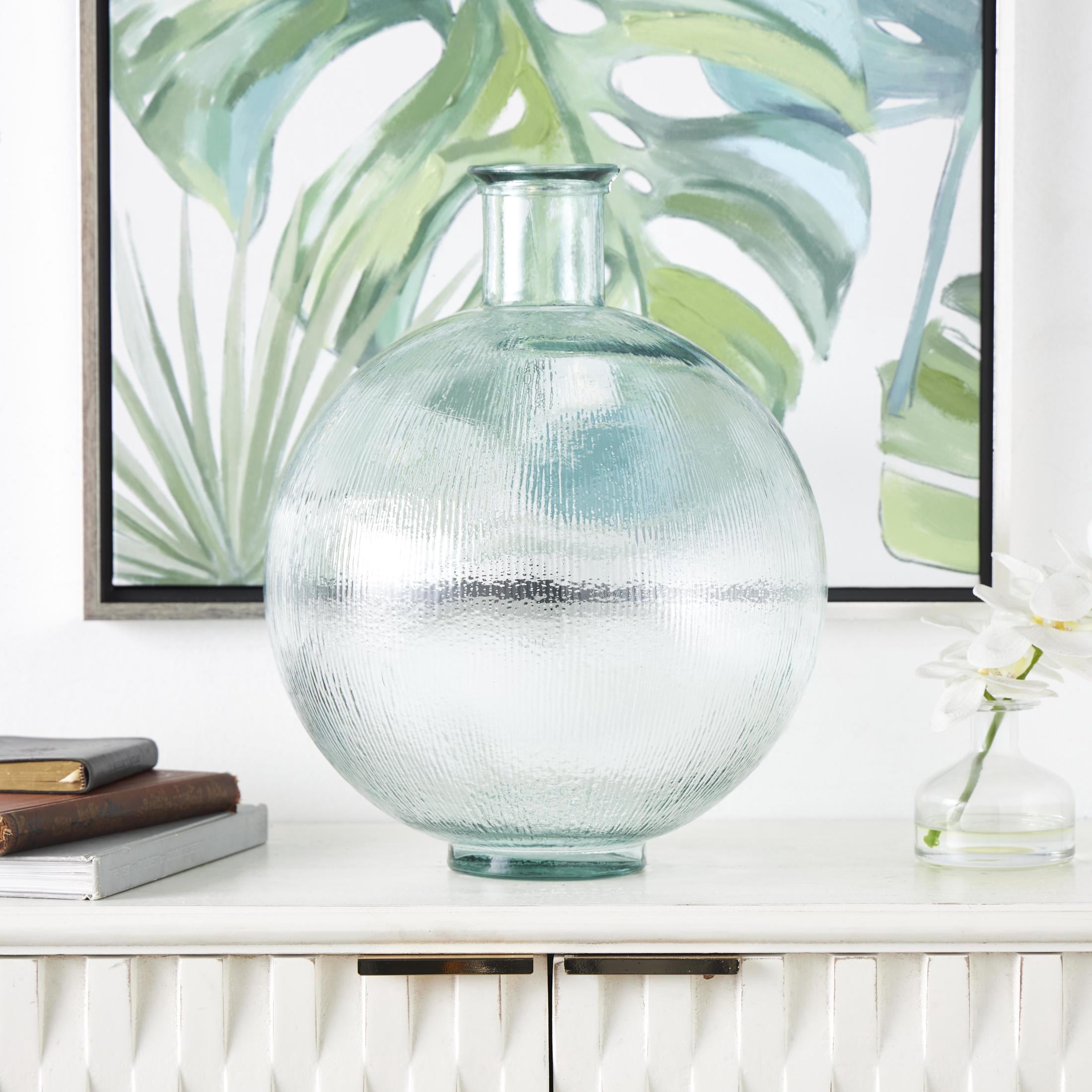 DecMode 17" Handmade Spanish Bottle Neck Ribbed Teal Recycled Glass Vase