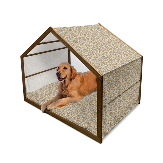 Spring Pet House, Doodle Style Flourishing Flowers on Branches and Perching Birds on Spotted Backdrop, Outdoor & Indoor Portable Dog Kennel with Pillow and Cover, 5 Sizes, Multicolor, by Ambesonne