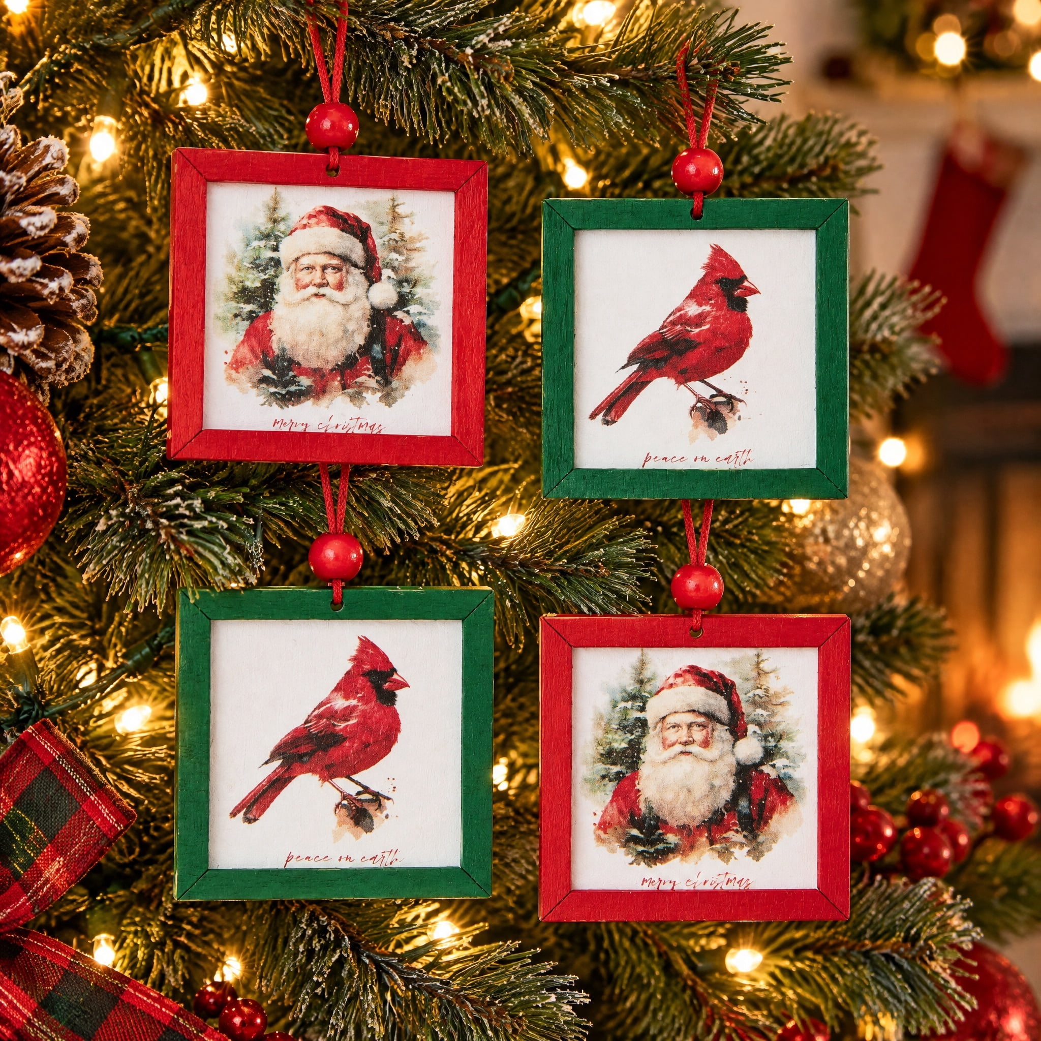4-Count Red and Green Santa and Cardinal Artwork Christmas Ornaments, 2", by Holiday Time