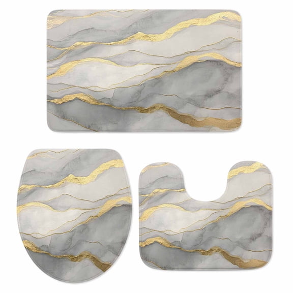 Marble Grey Bath Mat 3 Piece Bathroom Rug Set, Modern Gold Luxury Neutral Texture Non Slip Bath Rug Contour Mat and Toilet Lid Cover, Absorbent Shower Mats Soft Bath Rugs and Mats Sets