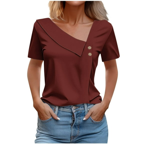 ZyeKqe Womens Tops Dressy Casual Short Sleeve Shirts Asymmetrical V Neck T Shirts Loose Fitted Blouses