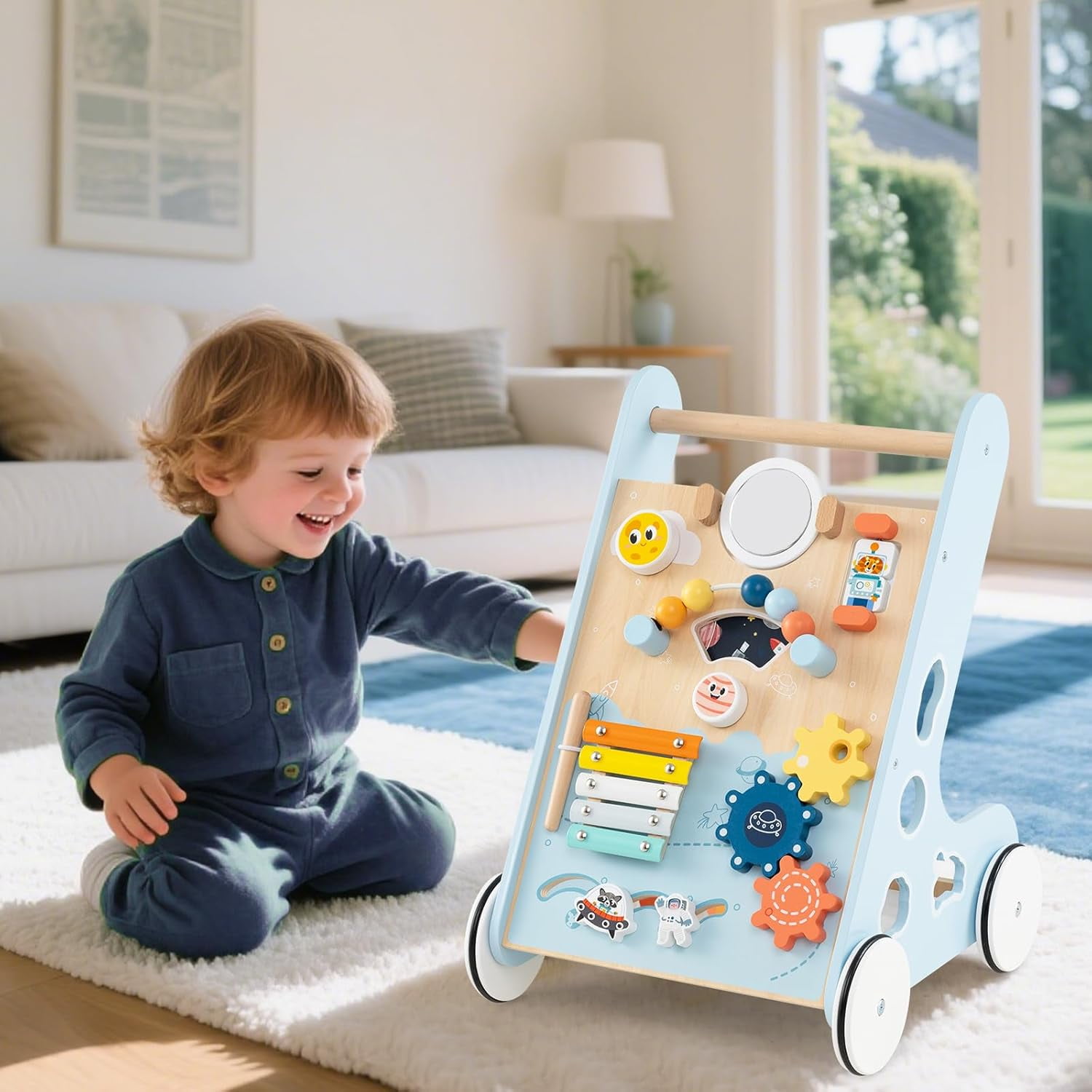 INFANS Wooden Baby Walker, Montessori Walker with Multiple Activity Toys, Storage, Push Walker Toys for Infant Learning to Walk, Sit to Stand Walker for Boys Girls