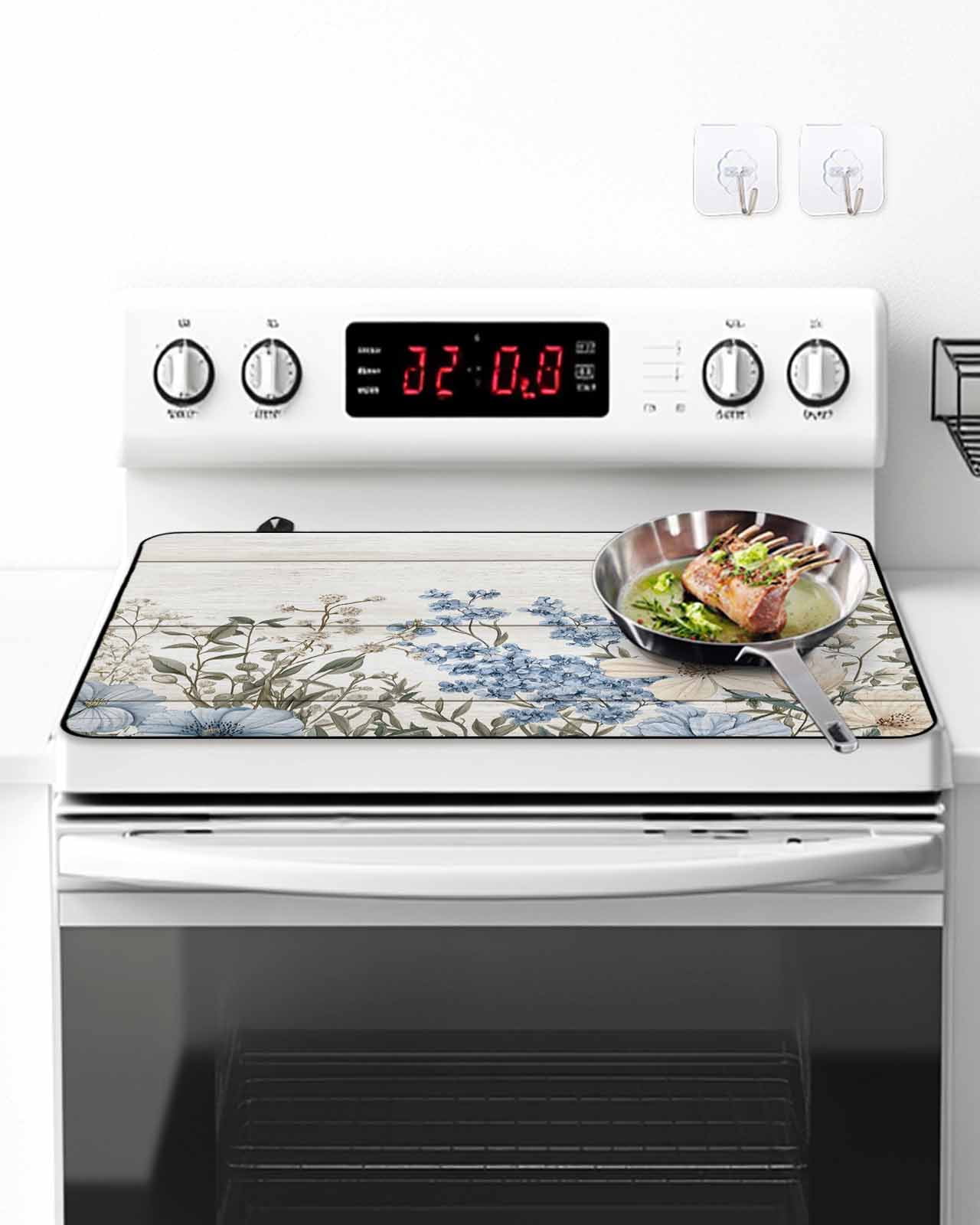 Stove Top Covers for Electric Stove, Blue Floral Spring Glass Stovetop Cover Protector, Summer Botanical Flower Vintage Induction Cooktop Protector Oven Mat for Kitchen Countertop 24"x21"