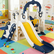 LAZY BUDDY 5-in-1 Slide and Swing Set for Toddlers, Kids Slide Climber Playset with Basketball Hoop, Indoor/Outdoor Playground