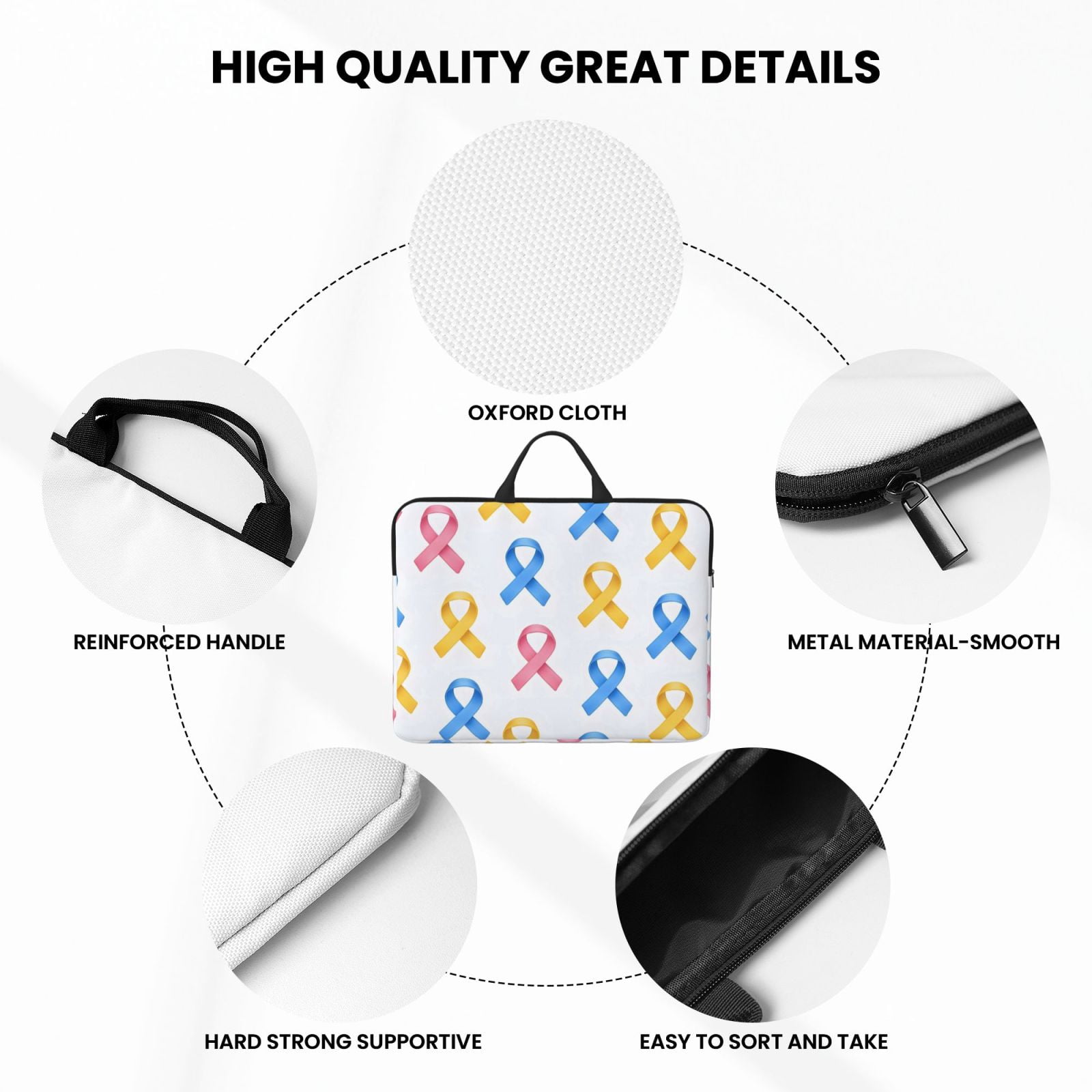 Laptop Sleeve Bag For Women Men 14inch Waterproof Durable Protective Computer Carrying Cover Handle Laptop Case Bag Cancer Awareness Ribbon Pattern - Classic Colors