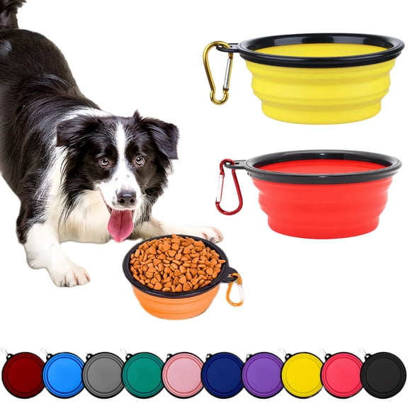Collapsible Bowls, 2 Pack Water Bowls for Cats Dogs, Portable Pet Feeding Watering Dish for Walking Parking Traveling with 2 Carabiners (Large,Yellow Red,)