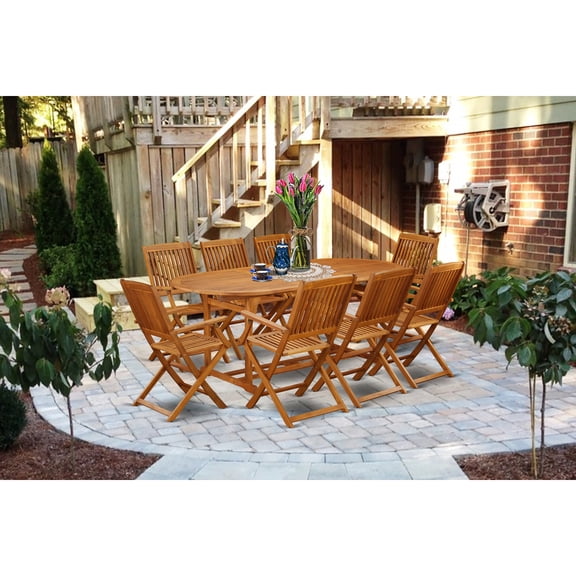 9 Piece Acacia Wood Patio Dining Set|Outdoor Table & 8 Folding Chairs